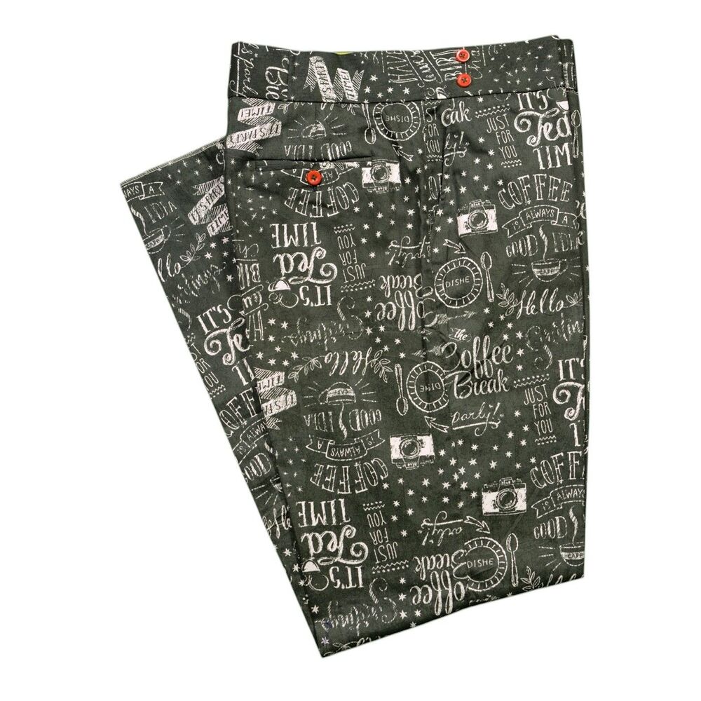 Mens Gurkha Pants 36 Green Graphic Print Cotton High Waist Straight Flat Front